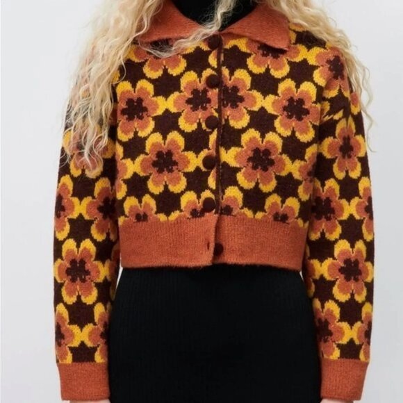 ZARA Daisy Flower 70's Vibe Brown & yellow Collar Knit Cardigan Sweater - Picture 7 of 7